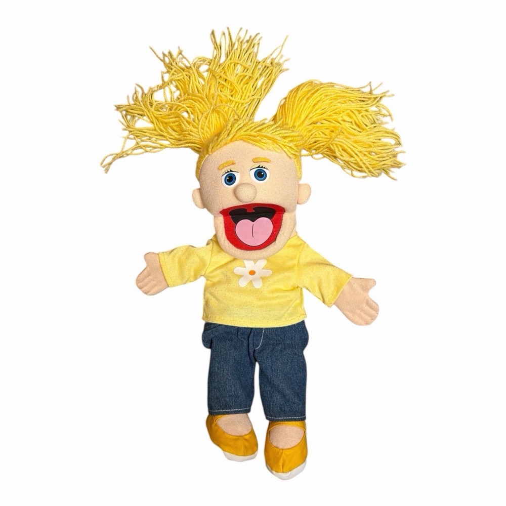 14" Katie Peach Girl Hand Silly Puppets Flower Shirt Blonde Hair Jeans Blue Eyes